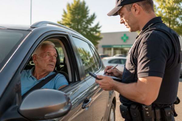 Policier contrôlant un conducteur senior dans sa voiture sur un parking