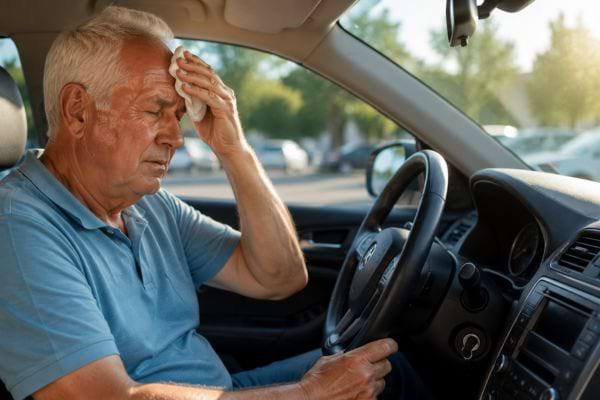 Homme âgé transpirant dans sa voiture en plein soleil sur un parking