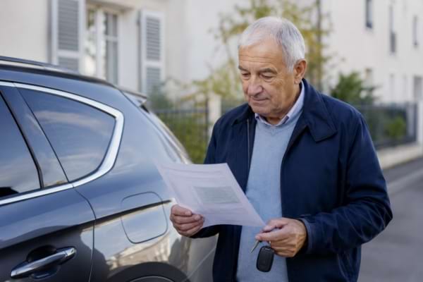 un homme senior lit une lettre devant sa voiture