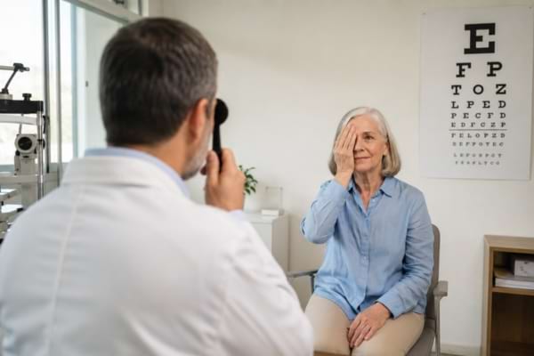 consultation médicale, un médecin vérifiant la vue d'une femme de 65 ans avec un tableau de lettres