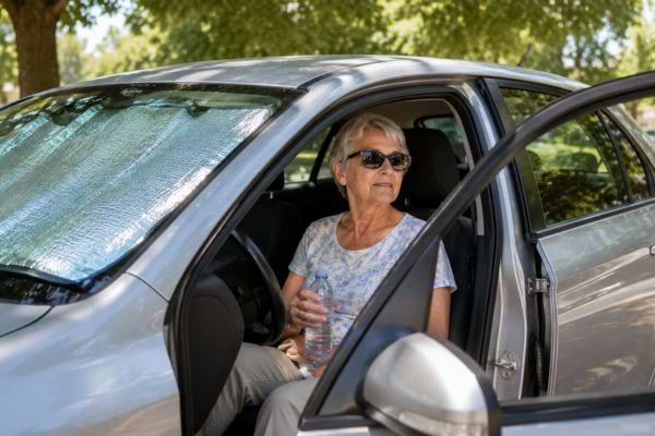 Femme senior au frais dans sa voiture avec pare-soleil et bouteille d’eau