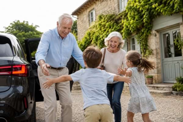 deux grands-parents arrivant en voiture devant une maison de campagne, accueillis chaleureusement par leurs petits-enfants, symbolisant le lien social