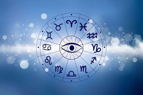 les 12 signes du zodiaque dans un cercle avec un oeil au milieu sur fond bleu