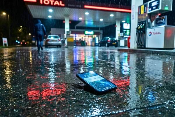 Un smartphone allumé posé sur le sol mouillé d'une station-service la nuit