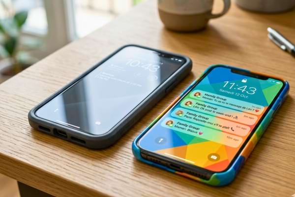 deux smartphones posés côte à côte sur un bureau en bois moderne