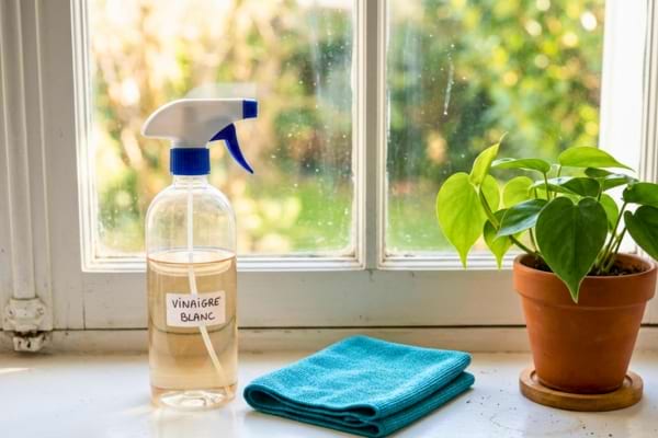Un vaporisateur rempli de vinaigre blanc pos&eacute; &agrave; c&ocirc;t&eacute; d'un chiffon microfibre 