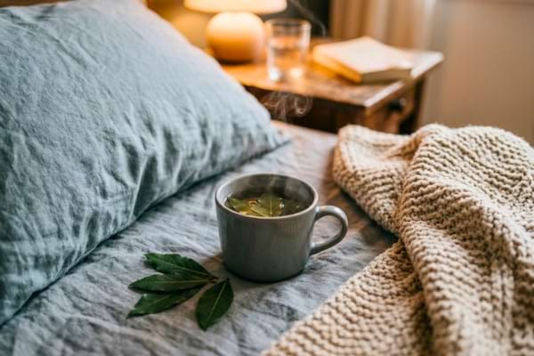 tasse de tisane fumante posée sur un lit douillet à côté d'un oreiller.