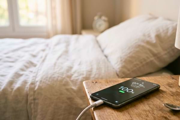 un smartphone moderne posé sur une table de nuit, le câble branché, avec un écran affichant 100%