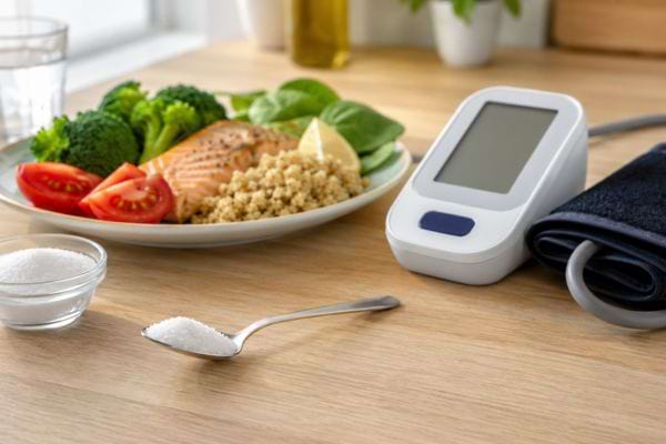 Cuillère de sel, repas sain et tensiomètre pour rappeler la limite quotidienne à viser.