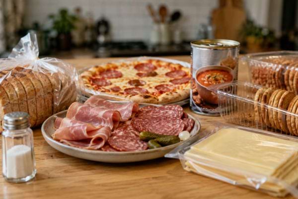 Pain, pizza, charcuterie et biscuits apéritifs montrant le sel caché des aliments industriels.