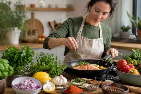 Femme cuisinant du saumon avec herbes, citron et épices pour réduire le sel sans perdre le goût.