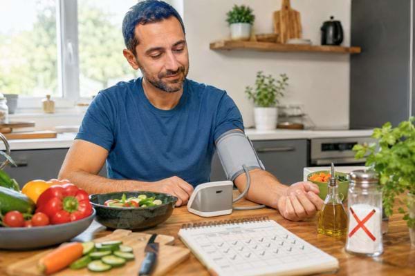 Homme mesurant sa tension dans une cuisine avec des légumes frais et un pot de sel barré.