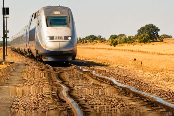 Un train &agrave; grande vitesse moderne &agrave; l'arr&ecirc;t sur des rails qui semblent onduler sous l'effet de la chaleur &eacute;crasante