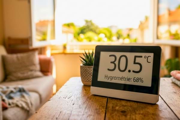 un thermom&egrave;tre d'int&eacute;rieur moderne pos&eacute; sur une table en bois