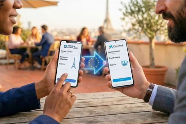 One screen shows a French banking app interface, the other shows a Spanish banking app interface
