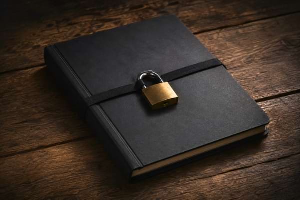 un carnet noir fermé avec un cadenas posé sur une table en bois
