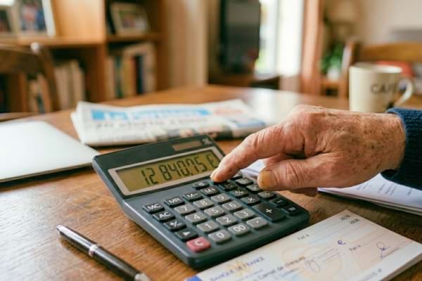 Une calculatrice posée sur une table en bois à côté d'un carnet de chèques et d'un stylo