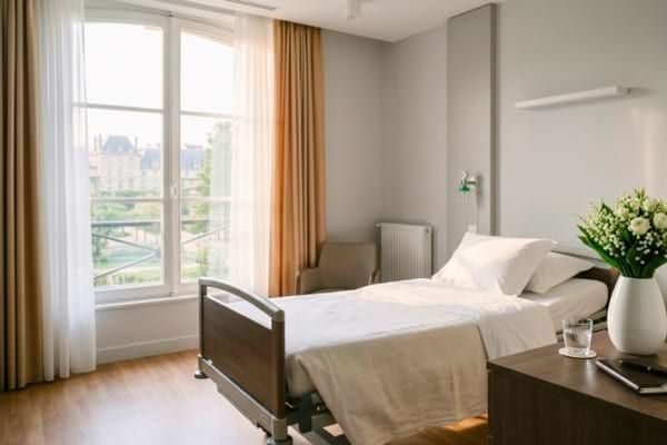 une chambre d'h&ocirc;pital vide, baign&eacute;e par la lumi&egrave;re douce du matin &agrave; travers une fen&ecirc;tre
