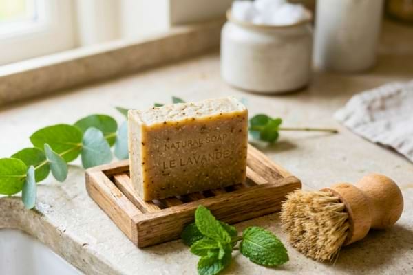 un pain de savon rustique posé sur un porte-savon en bois naturel,