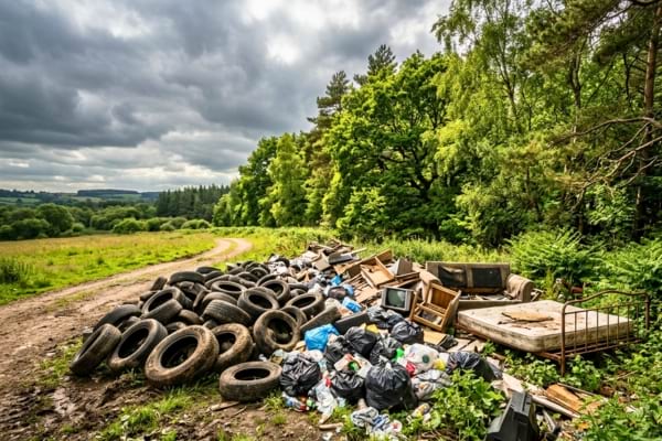 a beautiful green forest edge ruined by a pile of illegal dumping (tires, plastic bags, old furniture)
