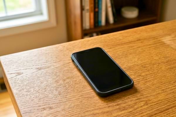 Un smartphone à l'écran complètement noir, posé sur un bureau en bois