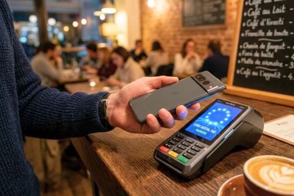 A person is holding a smartphone over a payment terminal, but the terminal screen displays a glowing, futuristic European flag