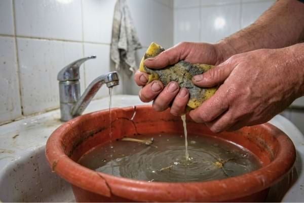 mains nues tenant une éponge sale près d'une bassine d'eau