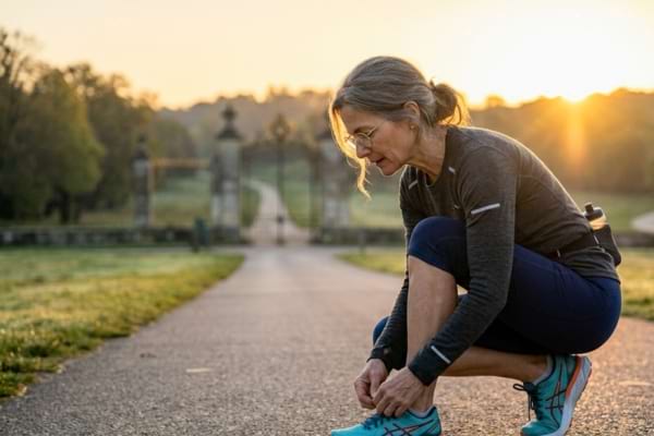 une femme en tenue de sport en train de lacer ses baskets en ext&eacute;rieur
