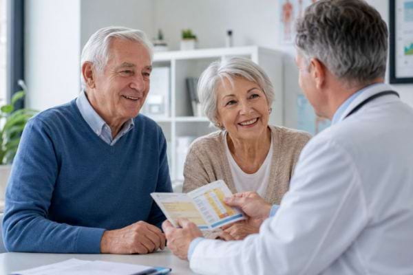 Couple de seniors discutant pr&eacute;vention vaccinale avec un m&eacute;decin