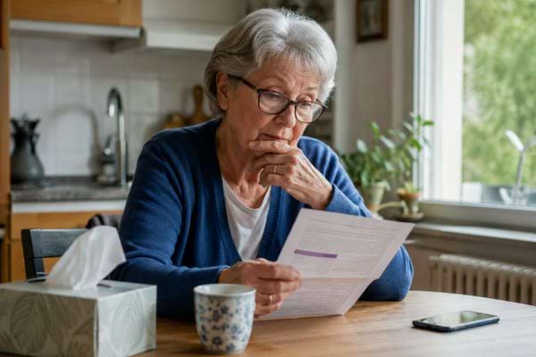 Senior lisant une brochure sur les vaccins &agrave; sa table de cuisine
