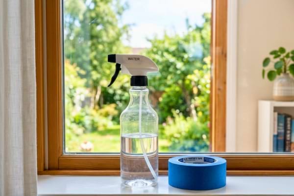 A plastic spray bottle of water and a roll of blue painter's tape resting on a clean white windowsill,