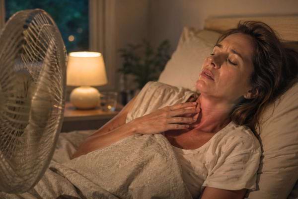 Femme allong&eacute;e dans son lit la nuit, g&ecirc;n&eacute;e par un ventilateur dirig&eacute; vers son visage.