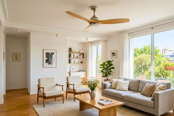 un magnifique ventilateur de plafond en bois clair tournant doucement.