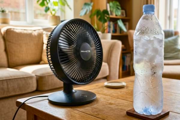 Un ventilateur de bureau moderne de couleur noire souffle en direction d'une grande bouteille d'eau en plastique