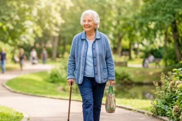 une femme de 80 ans aux cheveux blancs, pleine de vitalit&eacute;, marchant dans un parc verdoyant