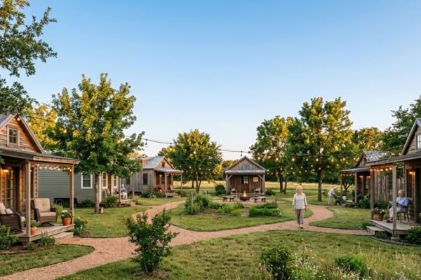 n petit village compos&eacute; de charmantes mini-maisons en bois (tiny houses)
