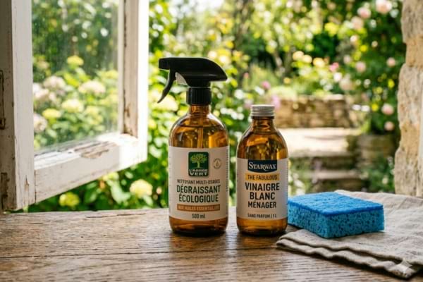 une petite bouteille de vinaigre blanc et une éponge propre
