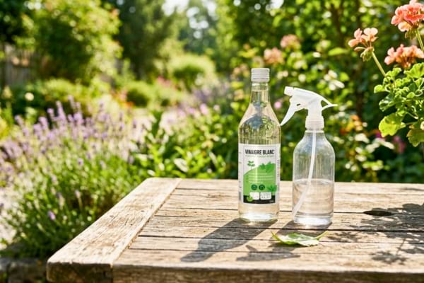 une bouteille en verre de vinaigre blanc pos&eacute;e sur une table de jardin