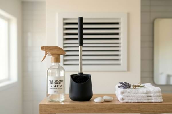 un vaporisateur de produit d'entretien naturel transparent &agrave; c&ocirc;t&eacute; d'une brosse de toilettes 