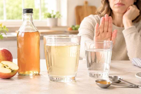 Vinaigre de cidre dilué dans un grand verre avec dose mesurée et geste de prudence