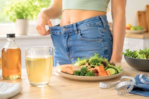 Verre de vinaigre de cidre dilué avec repas équilibré et jean devenu plus ample