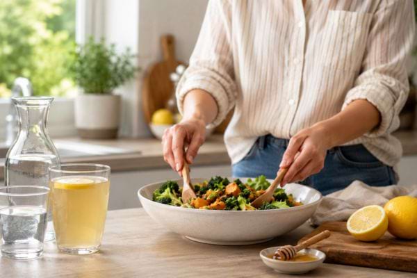 Préparation d’une salade saine avec citron, miel et boisson légère au vinaigre de cidre