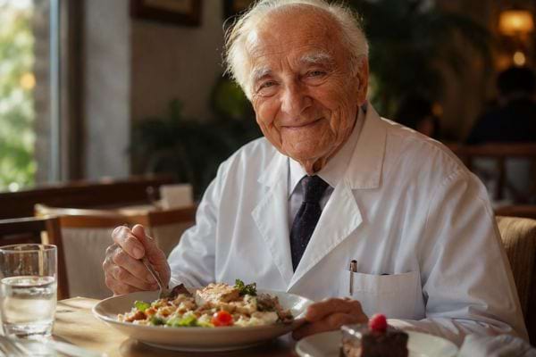 Médecin centenaire souriant devant un repas équilibré et un petit dessert, symbole de modération.