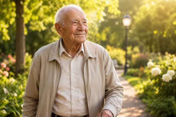 Homme centenaire marchant dans un parc lumineux, symbole d’une vieillesse active et heureuse.