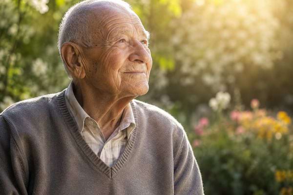 Homme centenaire apaisé dans un jardin ensoleillé, symbole de sérénité et de paix intérieure.
