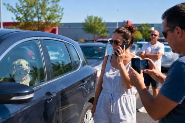 T&eacute;moins appelant les secours et filmant un chien enferm&eacute; dans une voiture en plein soleil.