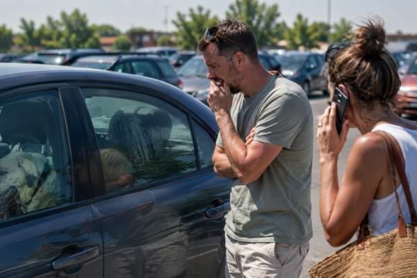 Passants inquiets devant un chien enferm&eacute; dans une voiture, h&eacute;sitant &agrave; intervenir.
