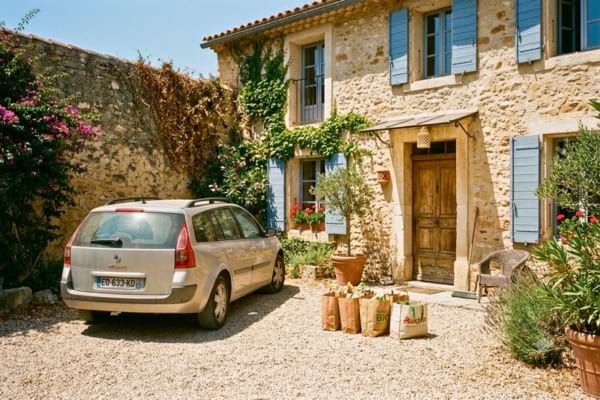 une cour de maison ensoleillée dans le sud de la France, avec une voiture familiale garée sur des graviers