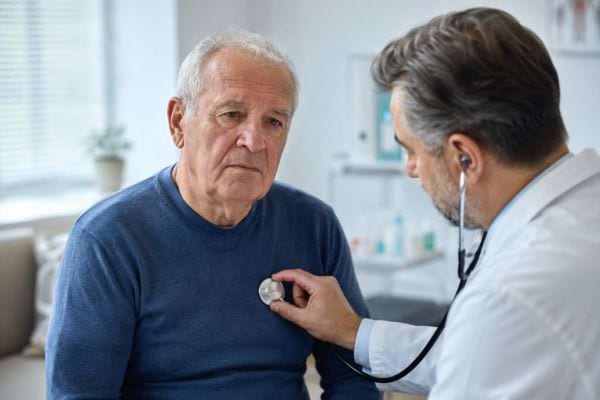 M&eacute;decin auscultant un senior pour surveiller sa sant&eacute; respiratoire