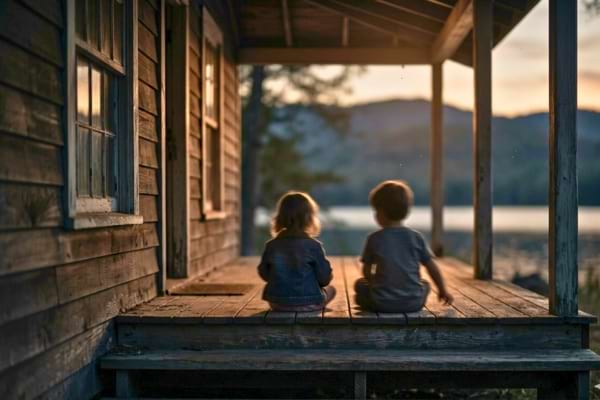deux jeunes enfants assis sur les marches d'un porche en bois